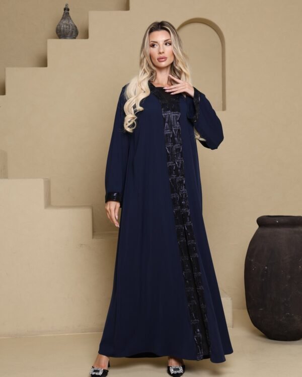 Layl – navy abaya with a black embroidered front panel, Balqees Maison Arabia
