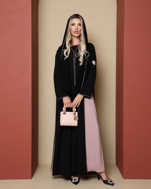 Fayrouz Blush – black abaya with blush lining, Balqees Maison Arabia