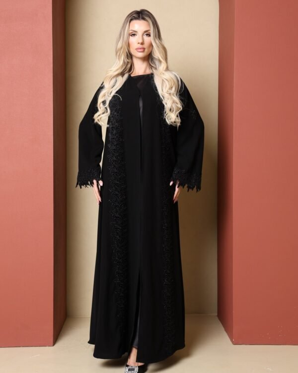 Kohl – black abaya with black lace appliqué, Balqees Maison Arabia