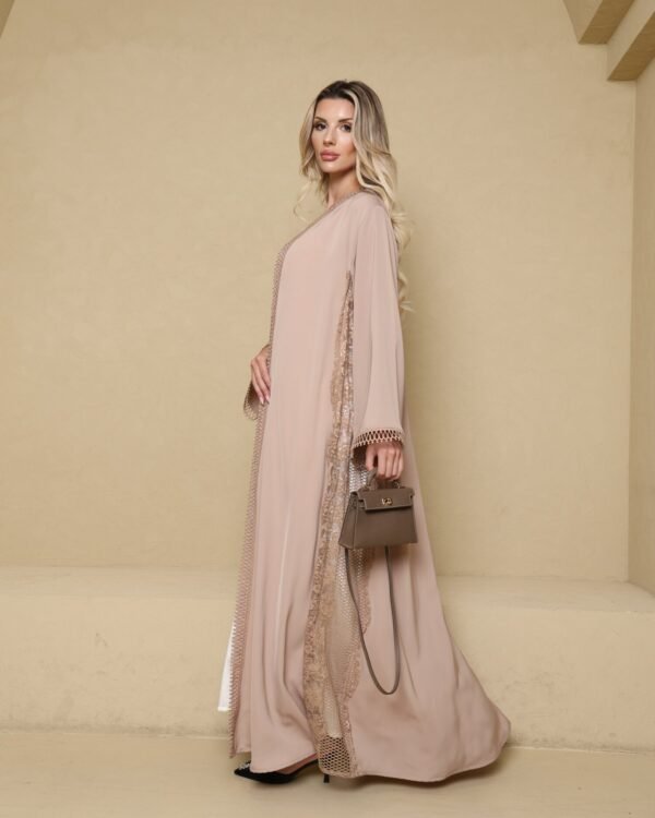 Rimal – nude abaya with crochet trim, Balqees Maison Arabia