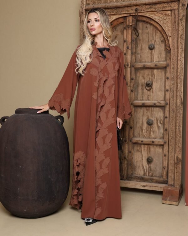 Hinna – rust abaya with tonal leaf appliqué, Balqees Maison Arabia